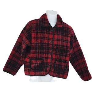 Kathy Ireland Women's Medium Red Black Plaid Lightweight Fleece Button-Up Jacket